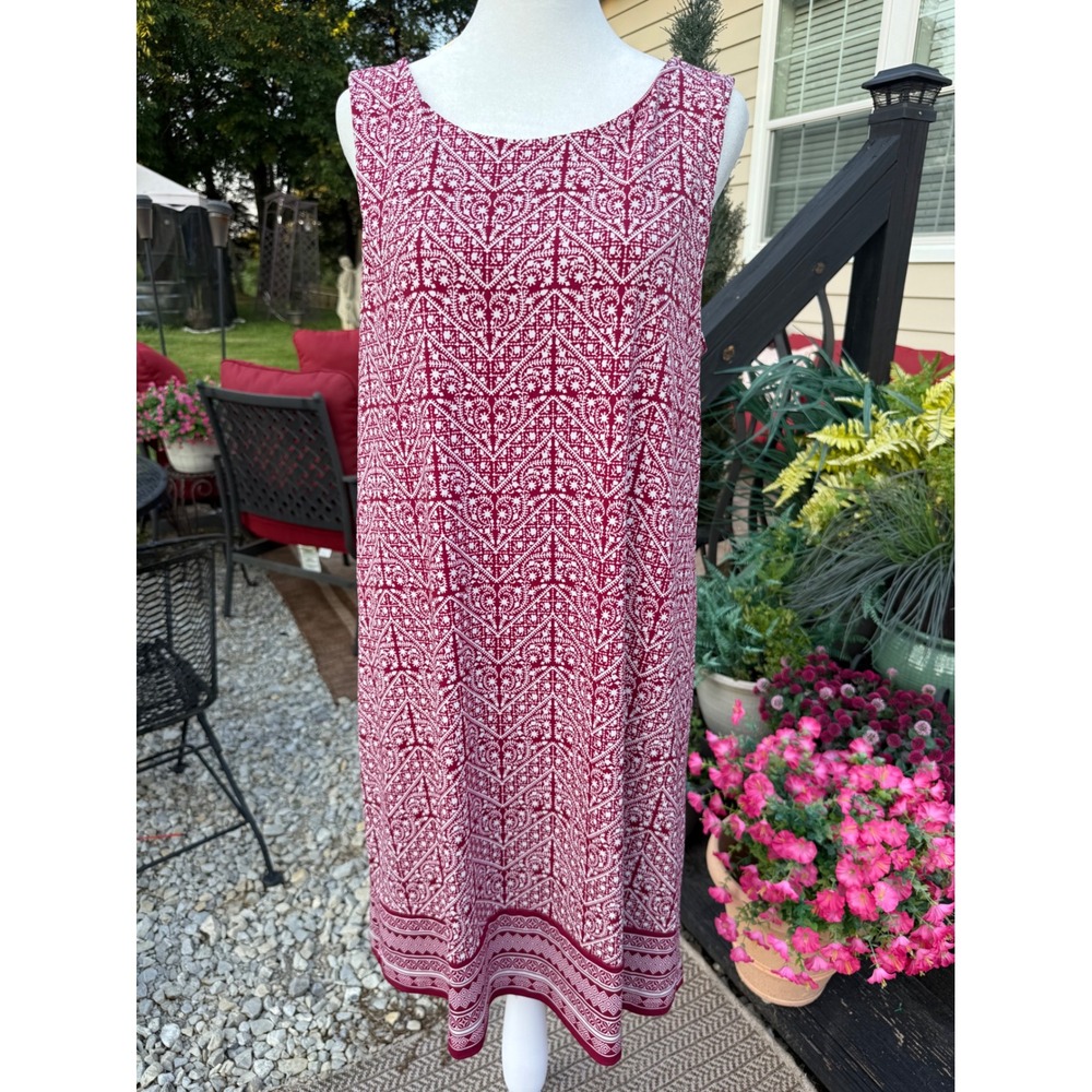 Magnolia Grace Womens‎ Large Burgundy White Geometric Knot Back Shift Dress